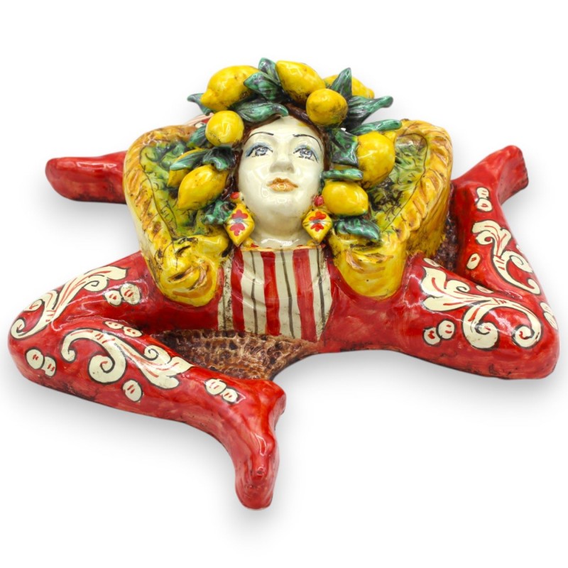 Caltagirone ceramic Trinacria, h 33 x 30 cm approx. Red background, with crown and applications - 