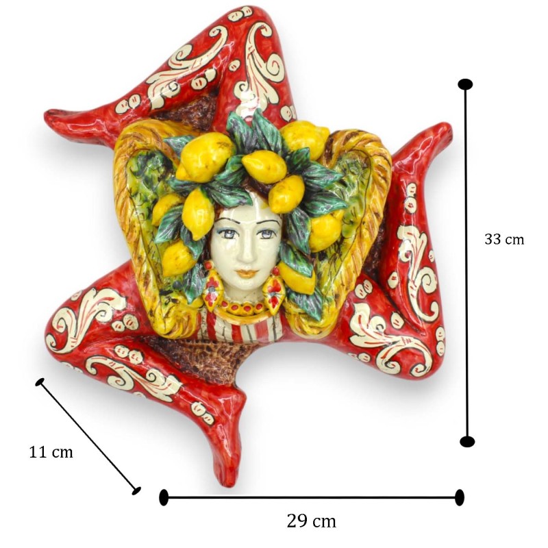 Caltagirone ceramic Trinacria, h 33 x 30 cm approx. Red background, with crown and applications - 