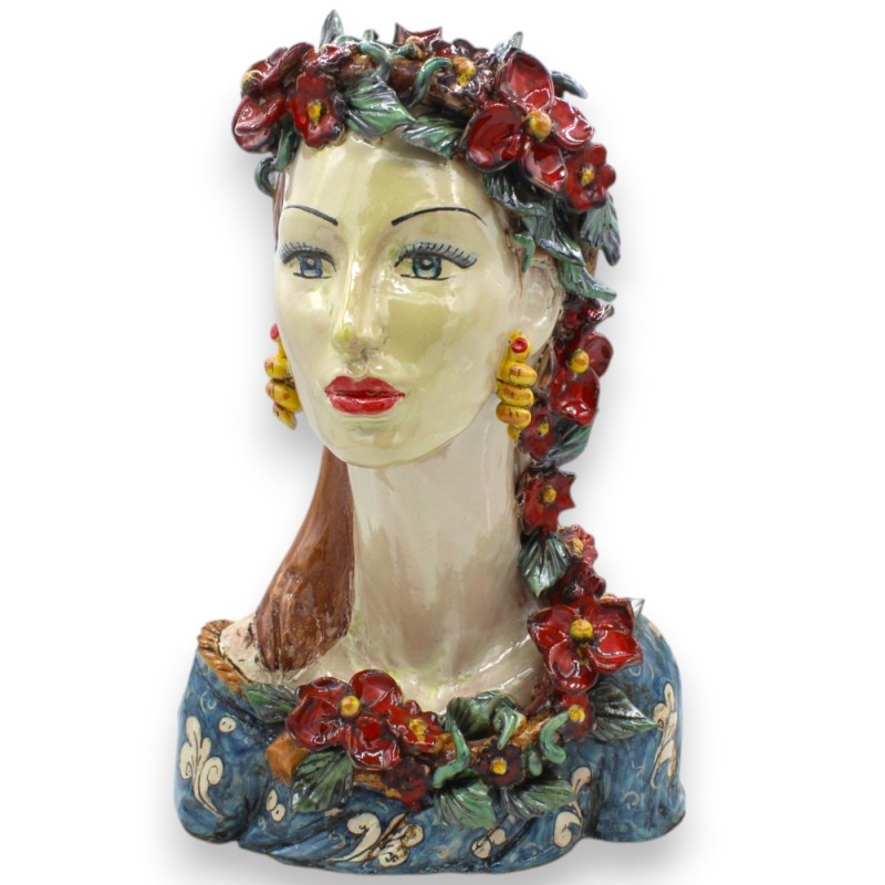 Vaso busto di Donna dal collo lungo, Ceramica Caltagirone, h 33 / 34 cm ca. Corona di fiori, decoro barocco - 