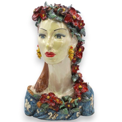 Vaso busto di Donna dal collo lungo, Ceramica Caltagirone, h 33 / 34 cm ca. Corona di fiori, decoro barocco - 