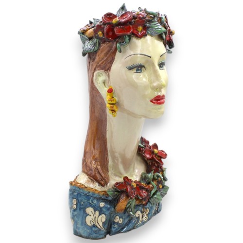 Busto de mujer con cuello largo en jarrón, cerámica de Caltagirone, h 33 / 34 cm aprox. Corona de flores, decoración bar 2