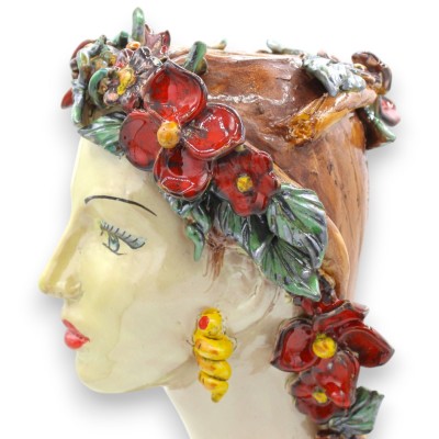 Popiersie kobiety z długą szyją, ceramika z Caltagirone, wys. ok. 33 / 34 cm. Wianek z kwiatów, dekoracja barokowa - 