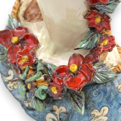 Popiersie kobiety z długą szyją, ceramika z Caltagirone, wys. ok. 33 / 34 cm. Wianek z kwiatów, dekoracja barokowa - 