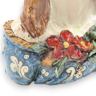 Vaso busto di Donna dal collo lungo, Ceramica Caltagirone, h 33 / 34 cm ca. Corona di fiori, decoro barocco - 