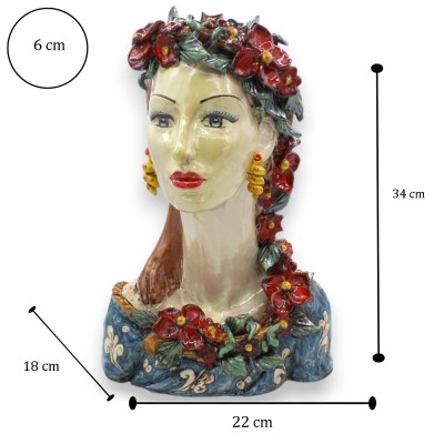 Vaso busto di Donna dal collo lungo, Ceramica Caltagirone, h 33 / 34 cm ca. Corona di fiori, decoro barocco - 