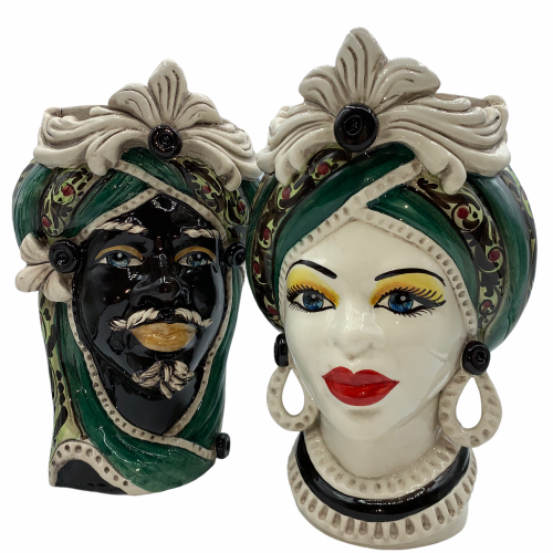 Cabezas de moro siciliano (1 pieza) h aproximadamente 28 cm Caltagirone, con friso, turbante verde -  2