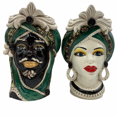 Głowy wrzosowisk sycylijskich (1 szt.) wys. ok. 28 cm Caltagirone, z fryzem, zielonym turbanem - 