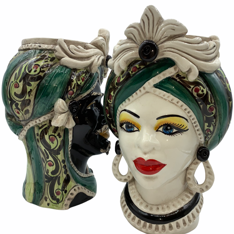 Głowy wrzosowisk sycylijskich (1 szt.) wys. ok. 28 cm Caltagirone, z fryzem, zielonym turbanem - 