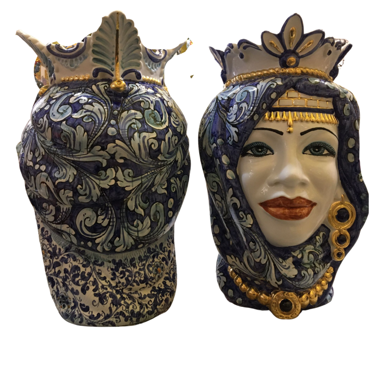 Pair of Caltagirone Moorish Heads with Pure Gold - height about 40 cm - 