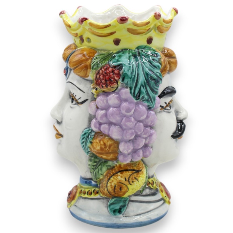 Hoofd van Janus Bifron met twee gezichten, ca. 18 cm hoog. Caltagirone keramiek, decoratie van kroon en gemengd fruit - 
