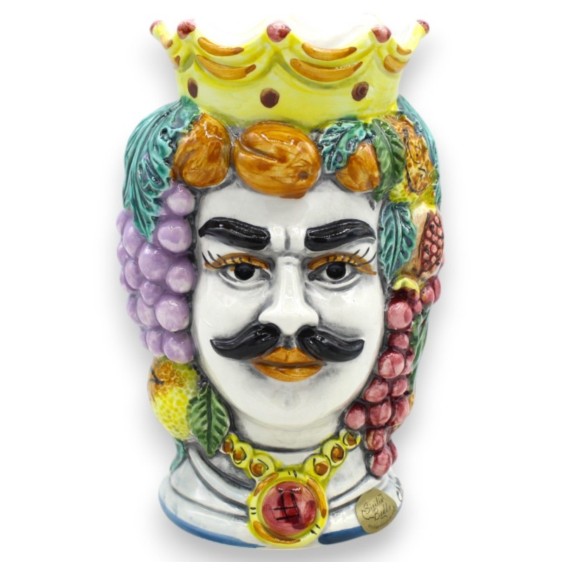 Hoofd van Janus Bifron met twee gezichten, ca. 18 cm hoog. Caltagirone keramiek, decoratie van kroon en gemengd fruit - 