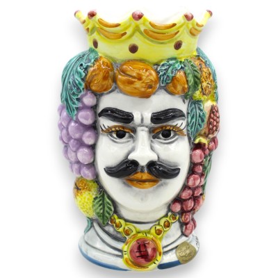 Hoofd van Janus Bifron met twee gezichten, ca. 18 cm hoog. Caltagirone keramiek, decoratie van kroon en gemengd fruit - 