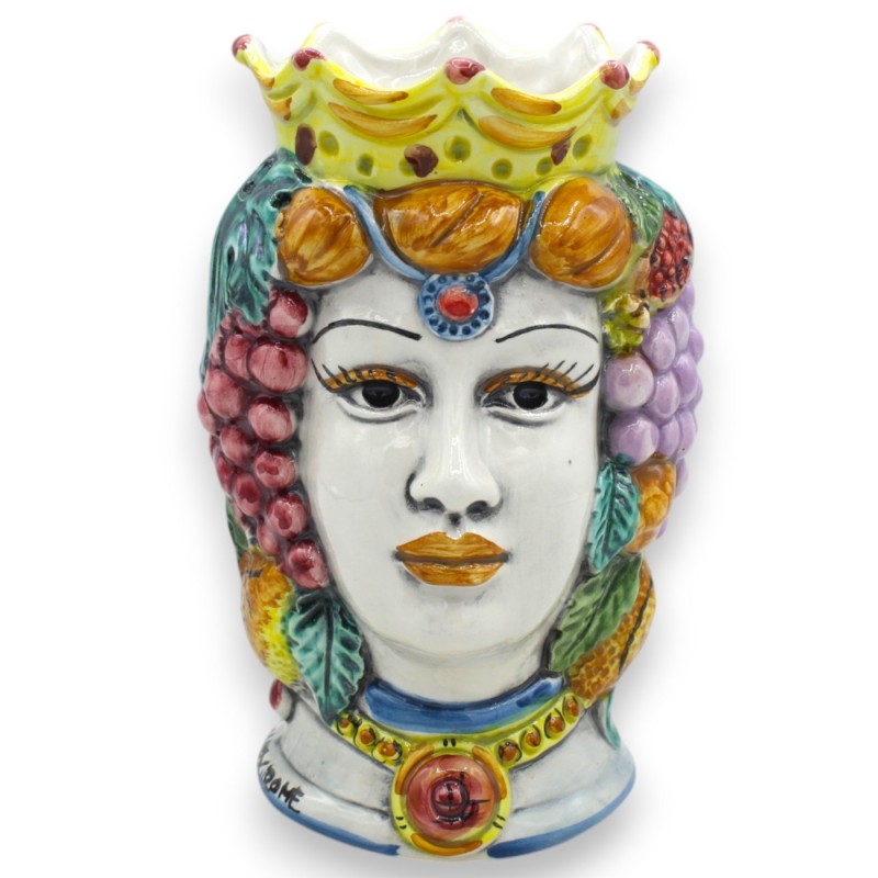 Tête de Janus Bifrons à deux visages, environ 18 cm de haut. Céramique de Caltagirone, décor de couronnes et de fruits m