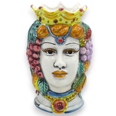 Cabeça de Janus Bifrons com duas faces, aprox. 18 cm de altura. Cerâmica Caltagirone, Coroa e decoração de frutas mistas