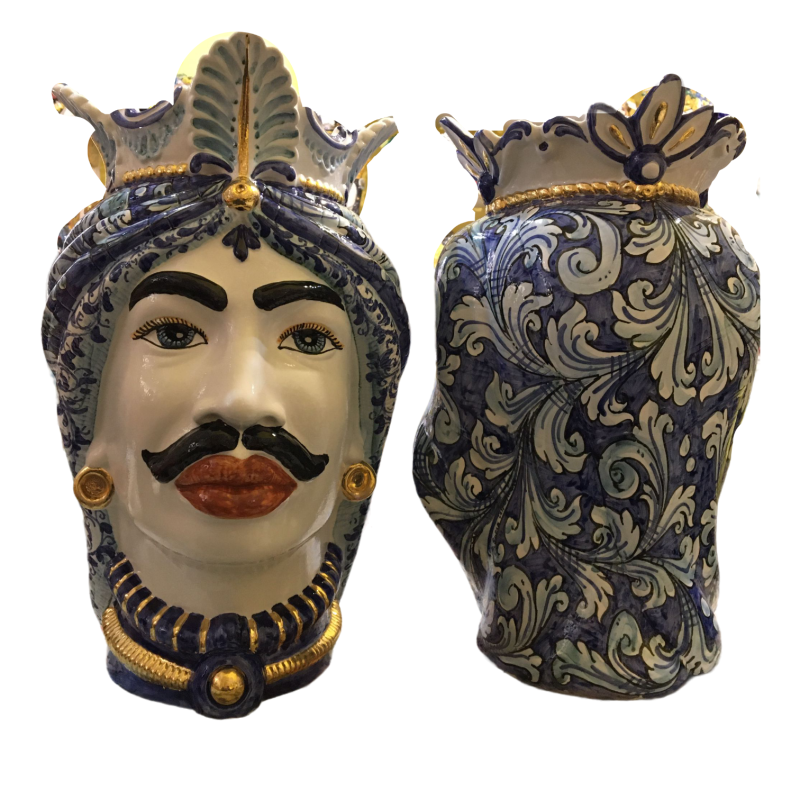 Paire de têtes Caltagirone marron foncé émaillée or pur - h 38 cm - 