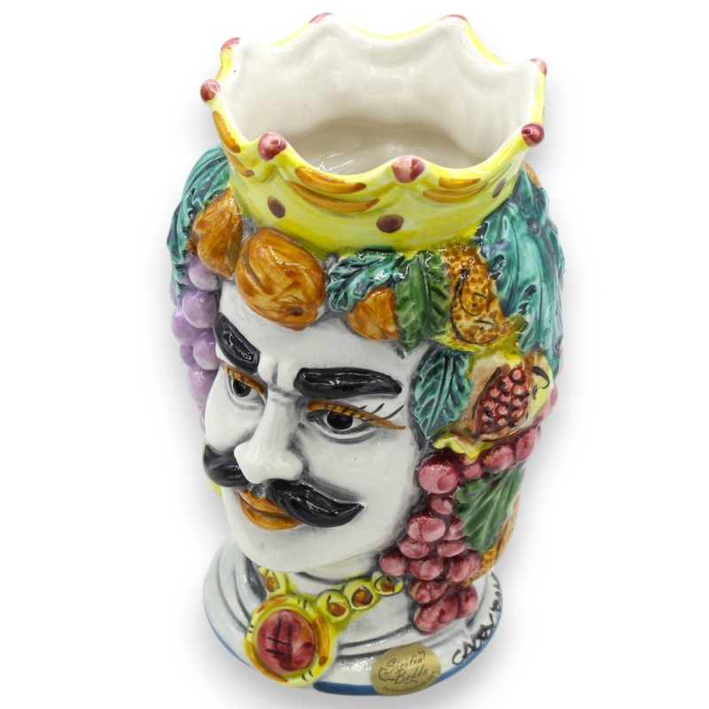 Hoofd van Janus Bifron met twee gezichten, ca. 18 cm hoog. Caltagirone keramiek, decoratie van kroon en gemengd fruit - 