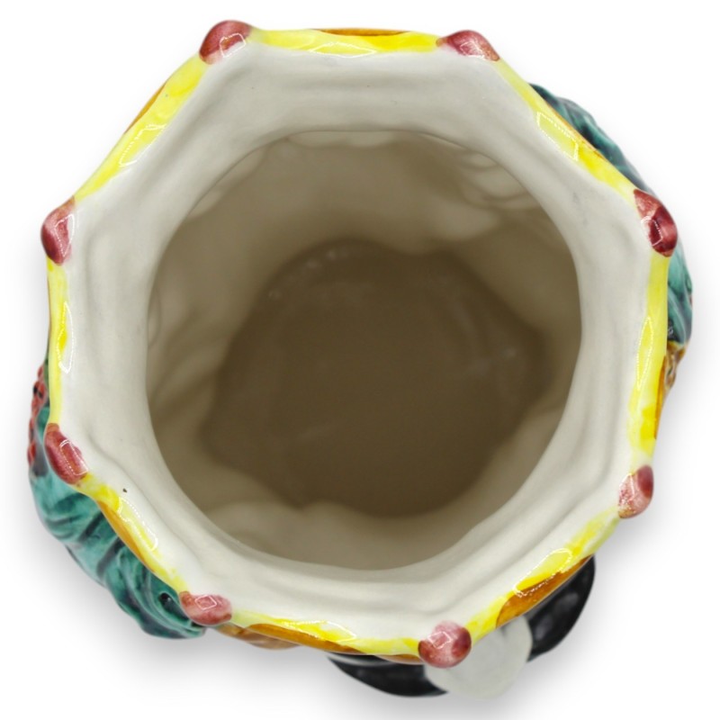 Hoofd van Janus Bifron met twee gezichten, ca. 18 cm hoog. Caltagirone keramiek, decoratie van kroon en gemengd fruit - 