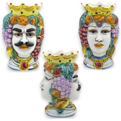 Tête de Janus Bifrons à deux visages, environ 18 cm de haut. Céramique de Caltagirone, décor de couronnes et de fruits m