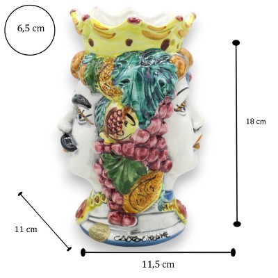 Cabeça de Janus Bifrons com duas faces, aprox. 18 cm de altura. Cerâmica Caltagirone, Coroa e decoração de frutas mistas