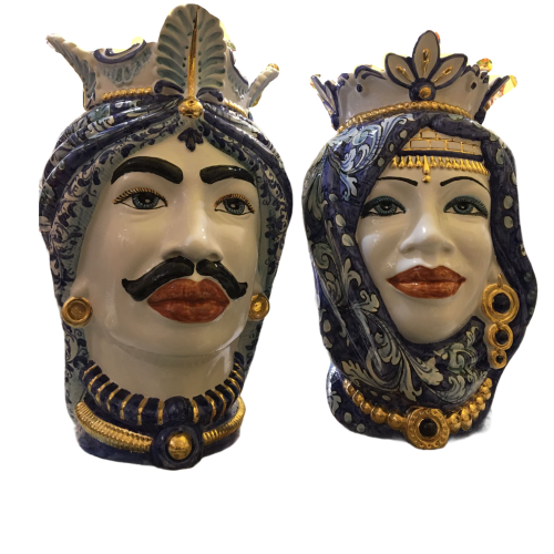 Par de cabeças mouras Caltagirone com esmalte ouro puro - h 38 cm -  2