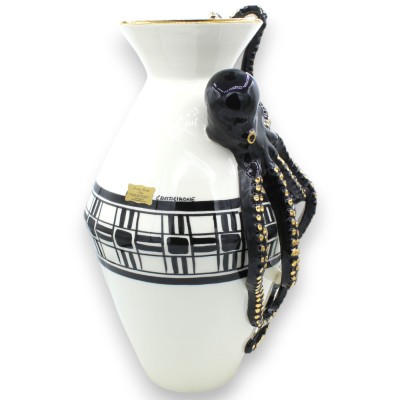 Jarrón ánfora con aplicación Pulpo Negro, altura aprox. 40 cm. Detalles de esmalte en oro de 24k, decoración moderna. - 