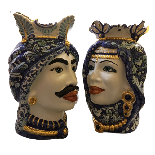Par de cabezas Caltagirone marrón oscuro con esmalte de oro puro - h 38 cm