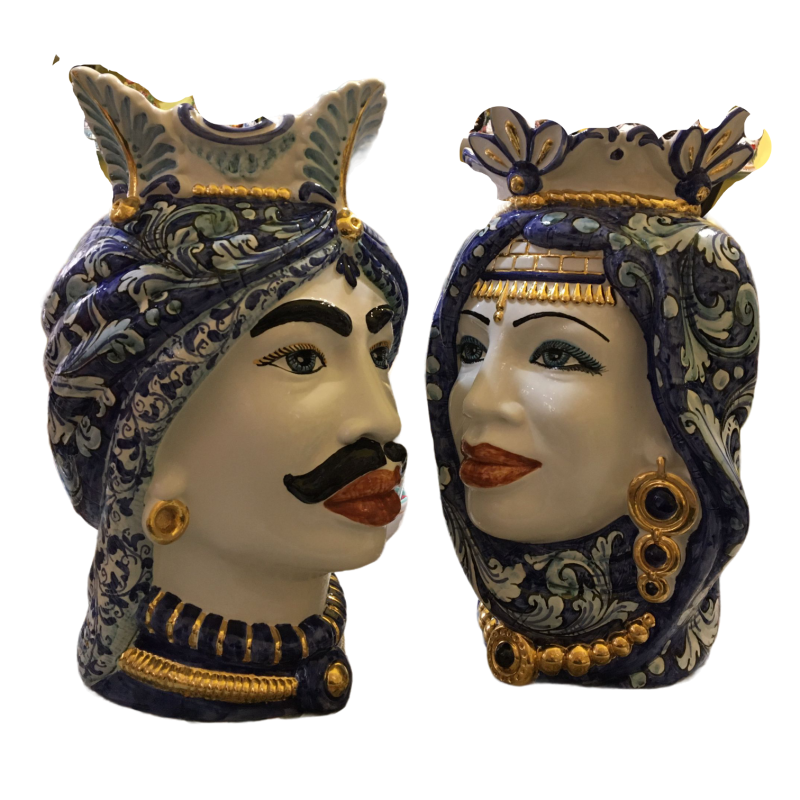 Pair of Caltagirone Moorish Heads with Pure Gold - height about 40 cm - 