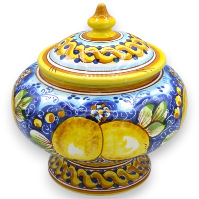 Keksdose oder Schmuckdose mit Stiel, aus Caltagirone-Keramik – Ø 22 x H 20/22 cm ca. Zitronen Dekoration - 