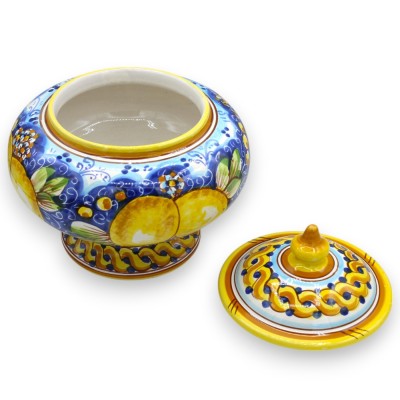 Keksdose oder Schmuckdose mit Stiel, aus Caltagirone-Keramik – Ø 22 x H 20/22 cm ca. Zitronen Dekoration - 
