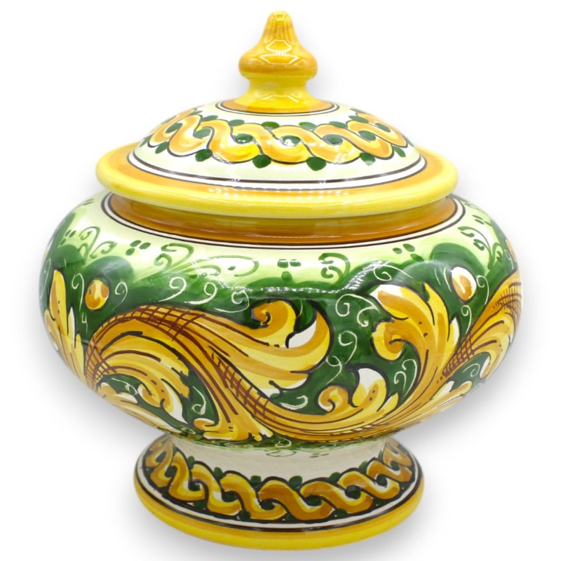Keksdose oder Schmuckdose mit Stiel, Caltagirone-Keramik, Ø 20 x H 23 cm ca. Barocke Dekoration und Zopf, grüner Hinterg