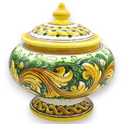 Keksdose oder Schmuckdose mit Stiel, Caltagirone-Keramik, Ø 20 x H 23 cm ca. Barocke Dekoration und Zopf, grüner Hinterg