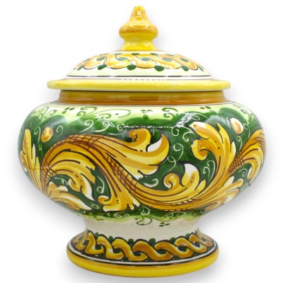 Keksdose oder Schmuckdose mit Stiel, Caltagirone-Keramik, Ø 20 x H 23 cm ca. Barocke Dekoration und Zopf, grüner Hinterg
