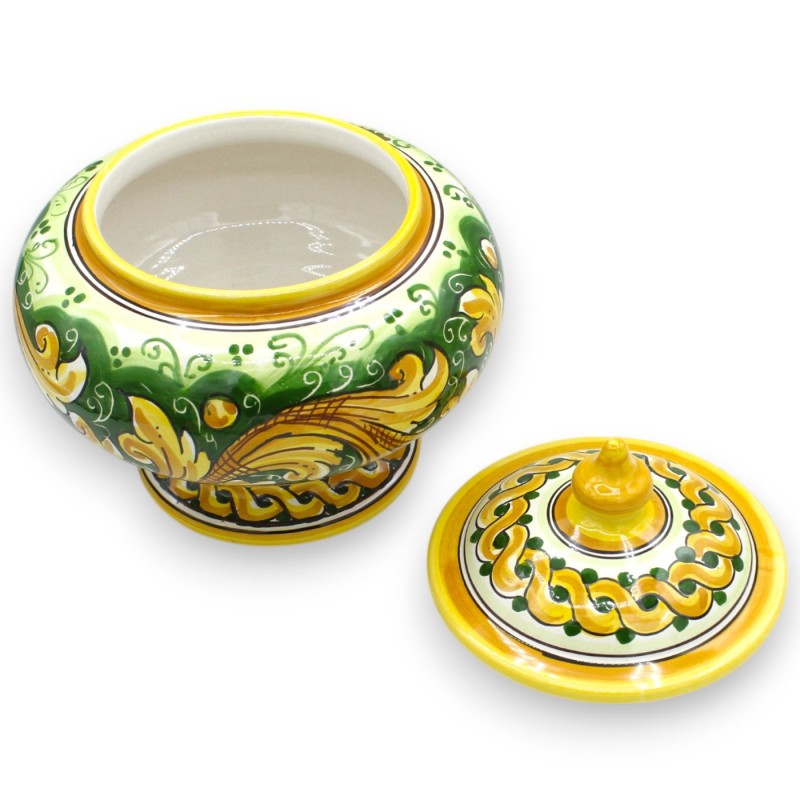 Keksdose oder Schmuckdose mit Stiel, Caltagirone-Keramik, Ø 20 x H 23 cm ca. Barocke Dekoration und Zopf, grüner Hinterg