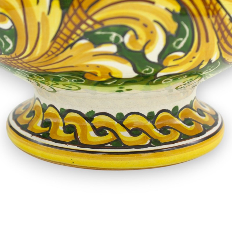 Keksdose oder Schmuckdose mit Stiel, Caltagirone-Keramik, Ø 20 x H 23 cm ca. Barocke Dekoration und Zopf, grüner Hinterg
