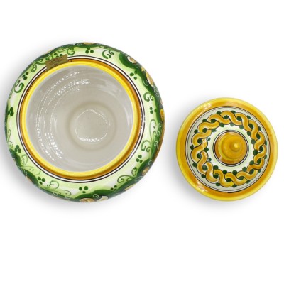 Keksdose oder Schmuckdose mit Stiel, Caltagirone-Keramik, Ø 20 x H 23 cm ca. Barocke Dekoration und Zopf, grüner Hinterg
