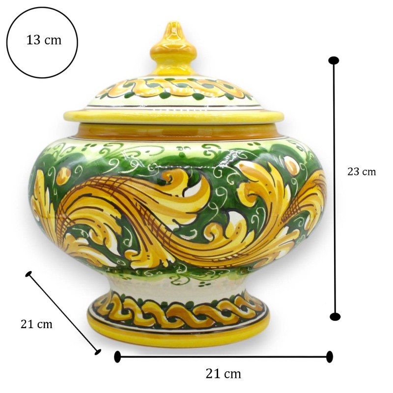 Keksdose oder Schmuckdose mit Stiel, Caltagirone-Keramik, Ø 20 x H 23 cm ca. Barocke Dekoration und Zopf, grüner Hinterg