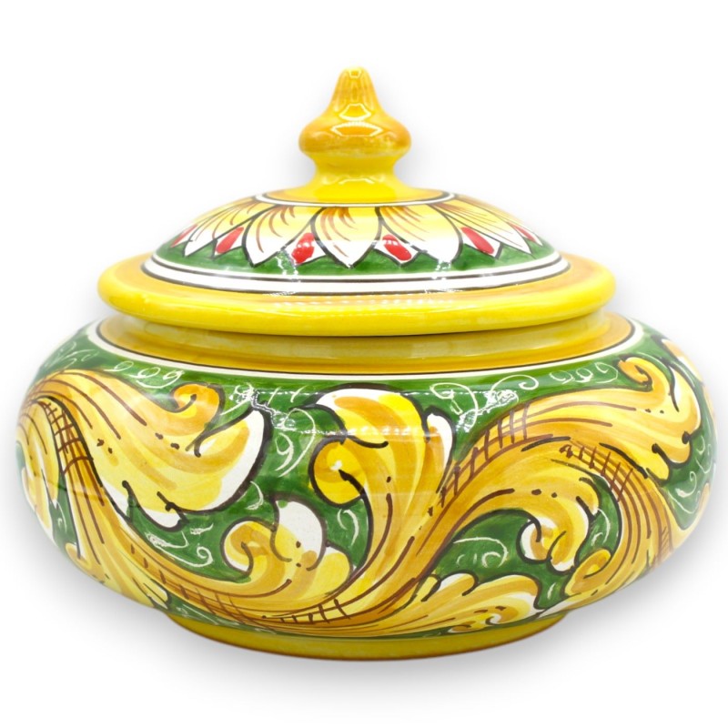 Keksdose oder Schmuckdose aus Caltagirone-Keramik, ca. Ø 20 x H 17 cm. Barocke Dekoration und Blütenblätter auf grünem H