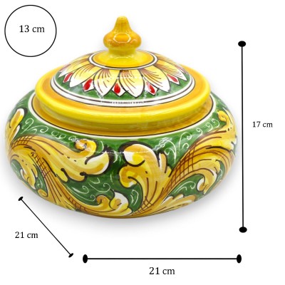 Keksdose oder Schmuckdose aus Caltagirone-Keramik, ca. Ø 20 x H 17 cm. Barocke Dekoration und Blütenblätter auf grünem H