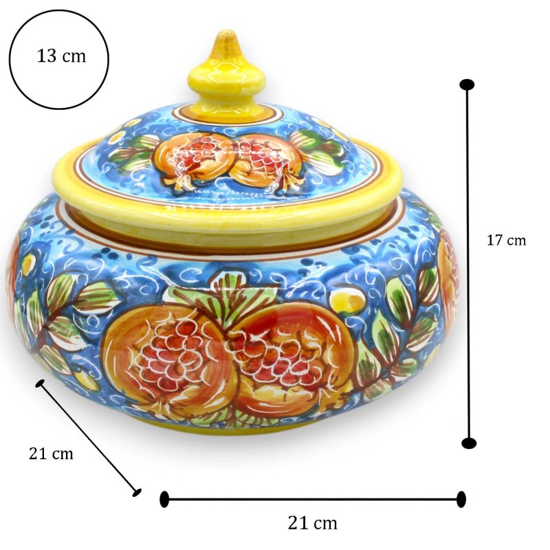 Tarro de galletas o joyero en cerámica de Caltagirone, Ø 20 x h 17 cm aprox. Decoración de granada y hojas sobre fondo a