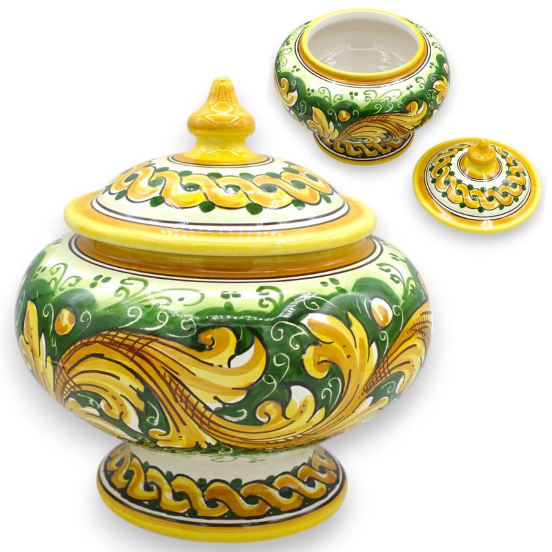 Keksdose oder Schmuckdose mit Stiel, Caltagirone-Keramik, Ø 20 x H 23 cm ca. Barocke Dekoration und Zopf, grüner Hinterg