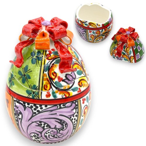 Uovo Design Moderno, porta gioie ceramica Caltagirone, h 20 x Ø 13 cm, decoro multicolore MD2 - 