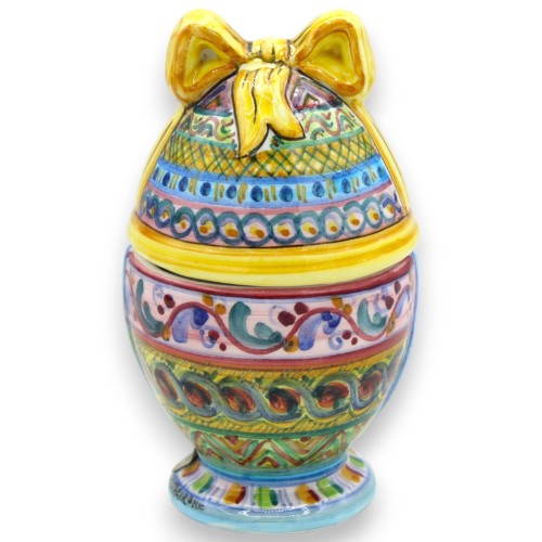 Smyckesägg, Caltagirone keramik, h 13 x 7 cm ca. Multidekor, gul rosett MD2 -  2