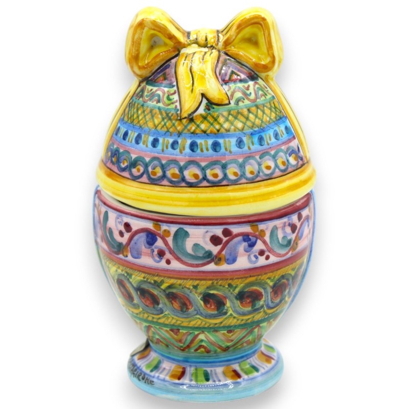 Schmuck-Ei, Keramik aus Caltagirone, H ca. 13 x 7 cm. Multidekor, gelbe Schleife MD2 - 