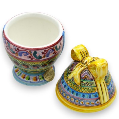 Smyckesägg, Caltagirone keramik, h 13 x 7 cm ca. Multidekor, gul rosett MD2 - 