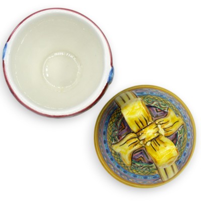 Smyckesägg, Caltagirone keramik, h 13 x 7 cm ca. Multidekor, gul rosett MD2 - 