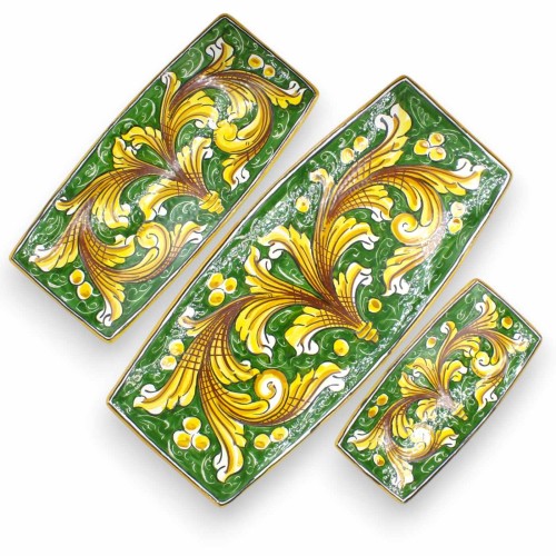 Rektangulär bricka, Caltagirone keramik, serveringsfat, tre storlekar (1 st) Barockdekor och grön bakgrund - 