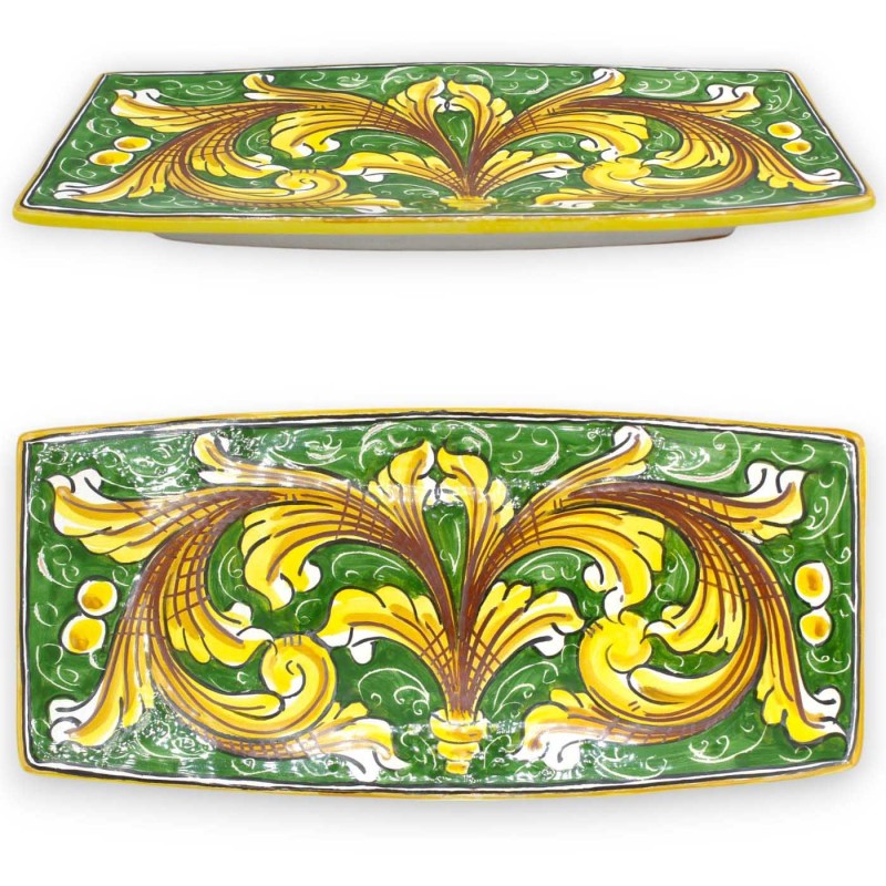 Rectangular tray, Caltagirone ceramic, serving plate, three size options (1pc) Baroque decoration and green background -
