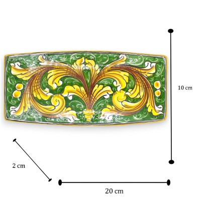 Rectangular tray, Caltagirone ceramic, serving plate, three size options (1pc) Baroque decoration and green background -