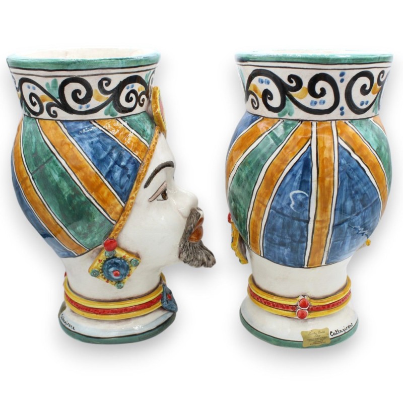 Vase à têtes de Maures siciliens, avec turban (paire) h 30 cm environ. Céramique de Caltagirone - 