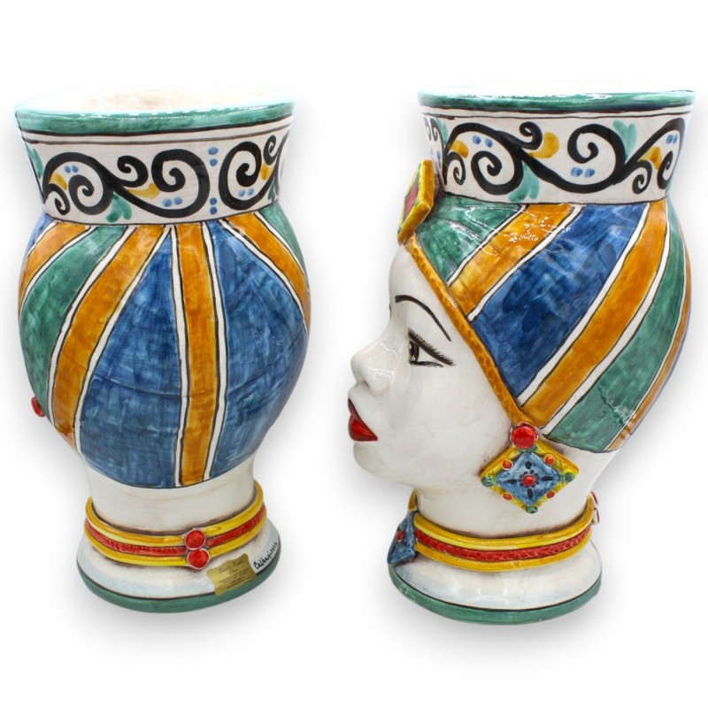 Sicilian Moor's Heads Vase, with Turban (pair) h 30 cm approx. Caltagirone ceramic - 